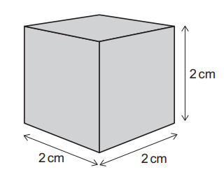 Diagram of a grey cube labelled Figure 8, showing all edges are 2 cm with arrows marking width, depth and height.