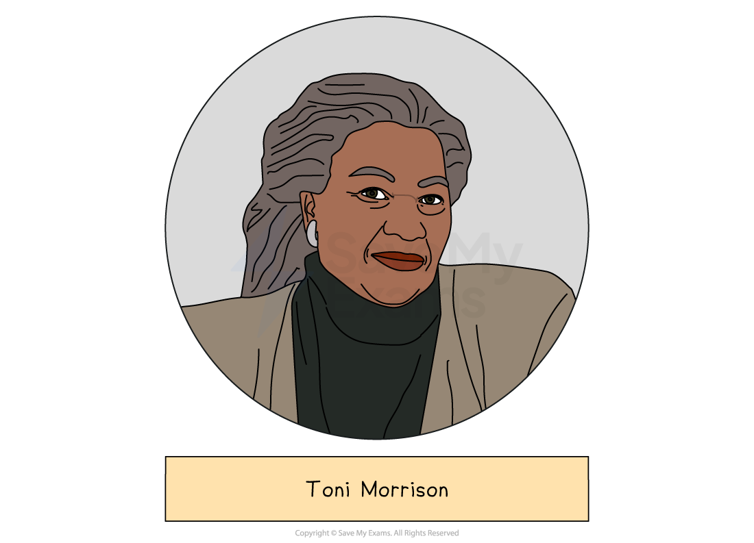Illustrated portrait of author Toni Morrison with grey hair, wearing a tan jacket and black turtleneck, framed in a circle above her name on a label