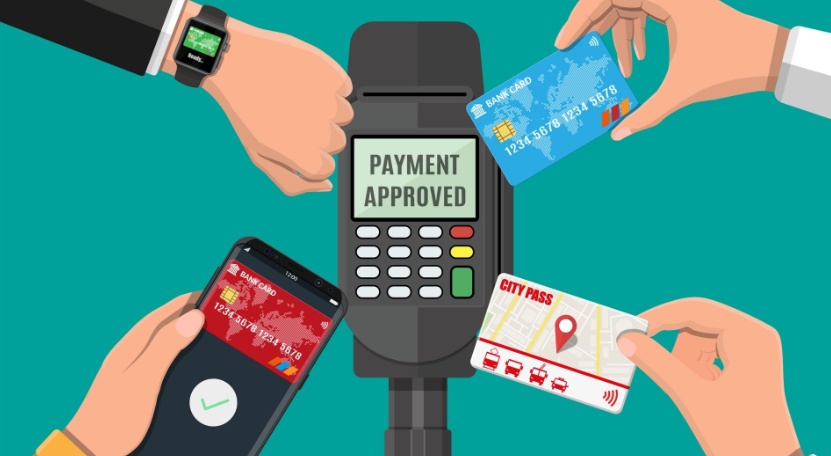 Illustration of a card reader showing “Payment approved” as people tap a smartwatch, smartphone, bank card and travel pass for contactless payment