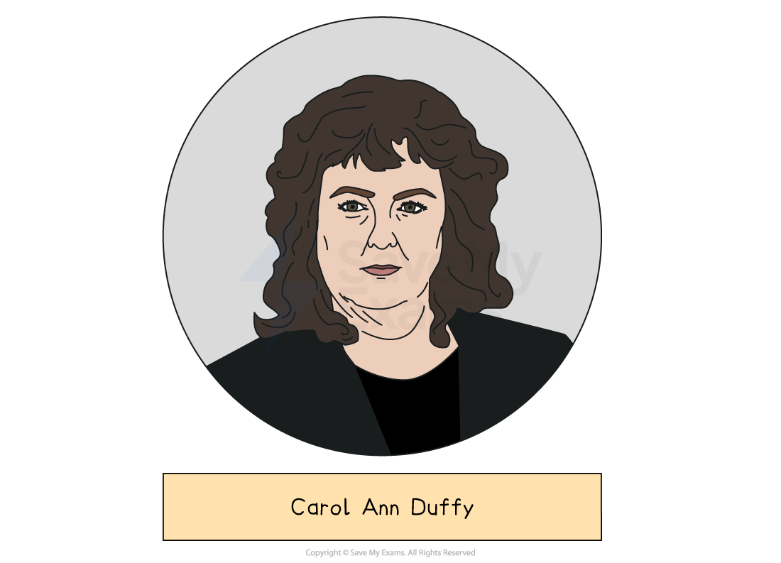 Cartoon-style portrait of poet Carol Ann Duffy with wavy brown hair, black jacket and neutral expression, shown in a grey circle with her name below.