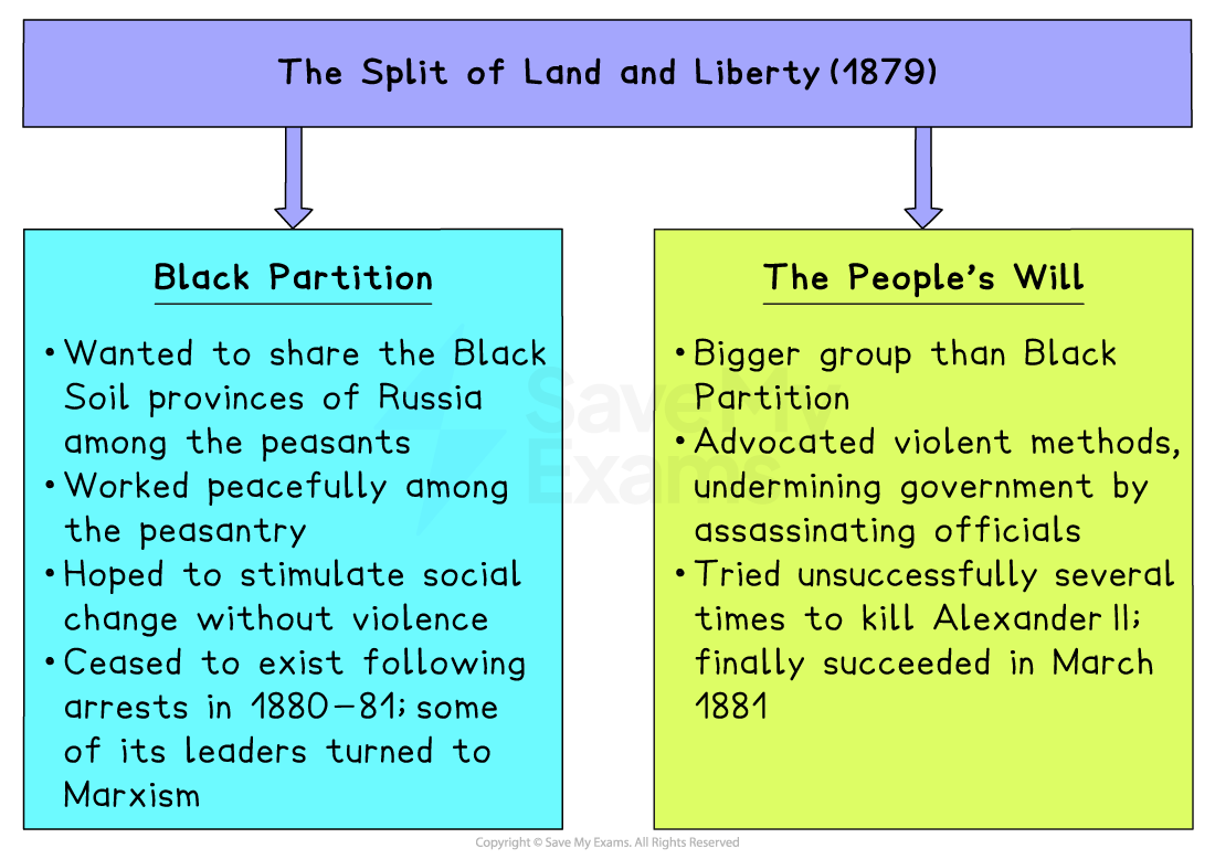 Revision diagram on Land and Liberty’s 1879 split, comparing Black Partition’s peaceful peasant-focused aims with The People’s Will’s violent tactics.