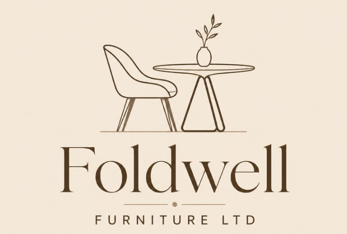 Logo for Foldwell Furniture Ltd featuring a minimalist chair and round table with a small vase and leaves on a beige background