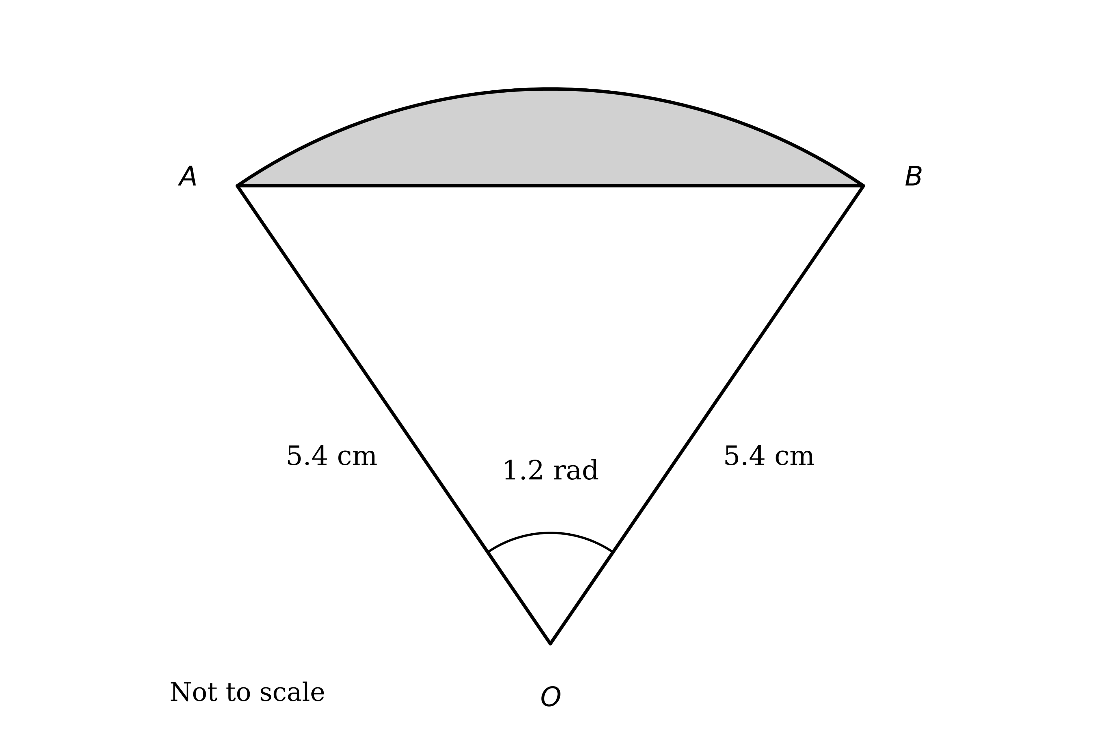 Sector OAB of a circle, centre O; radii OA and OB each 5.4 cm, angle AOB = 1.2 radians; the segment between chord AB and the arc is shaded; not to scale