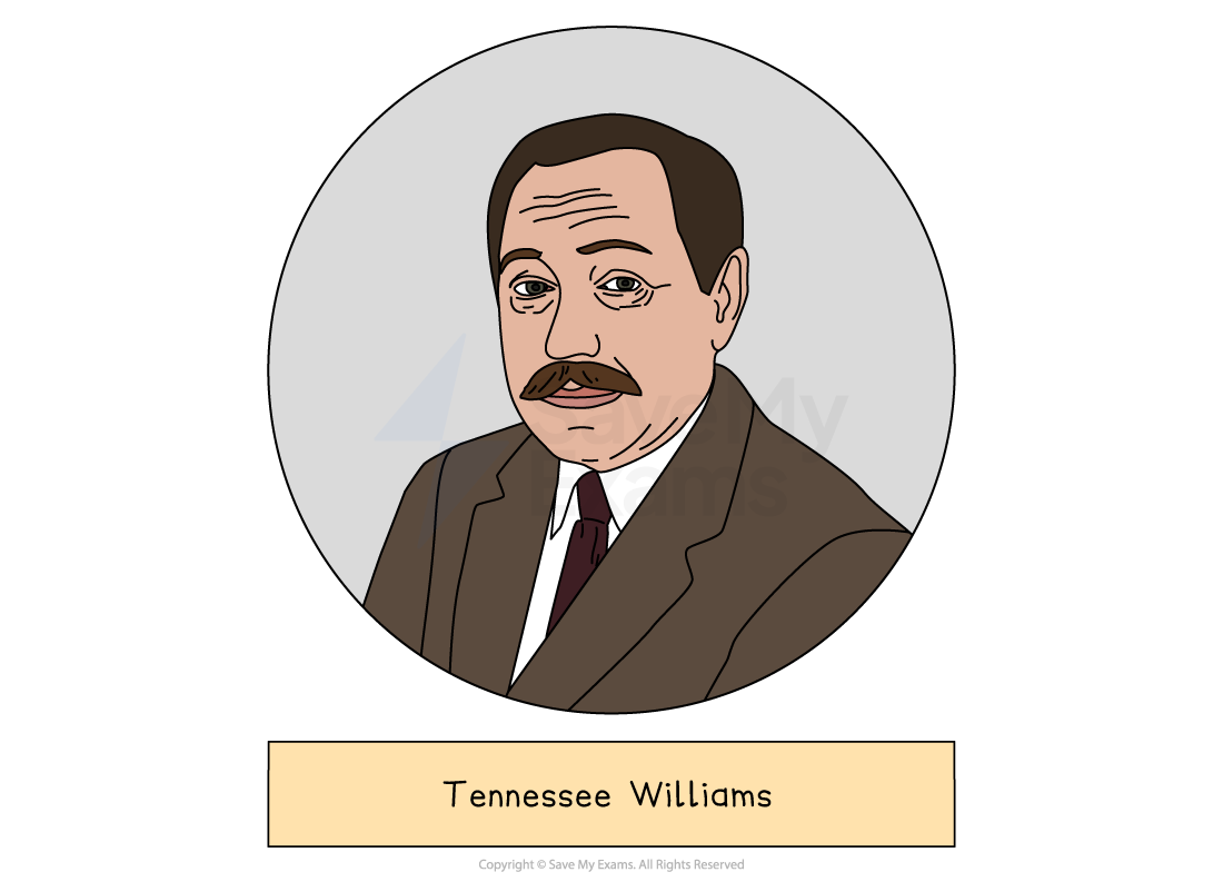 Cartoon portrait of a middle‑aged man with a moustache in a brown suit and tie, labelled “Tennessee Williams” on a cream nameplate below.