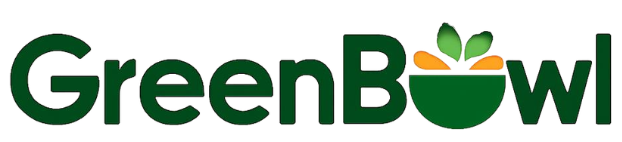 GreenBowl logo with dark green text and a stylised green bowl icon containing orange shapes and green leaves, suggesting fresh, healthy food