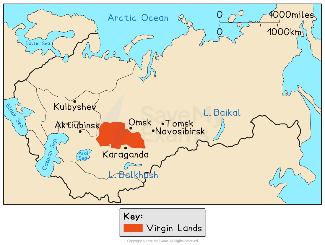 Map of the USSR showing the Virgin Lands region shaded in orange around Karaganda, with nearby cities, seas and lakes labelled, plus a distance scale.