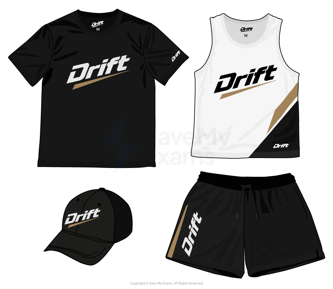 Black and white sports kit labelled “Drift”, including T-shirt, vest, shorts and baseball cap with matching gold and white diagonal stripe design.