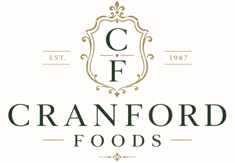 Cranford Foods logo with ornate gold crest containing initials C F and text “EST. 1987” above elegant dark green company name on white background