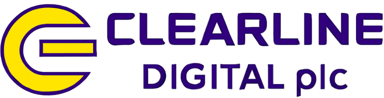 Clearline Digital plc logo with a bold yellow and purple stylised C on the left and the company name in purple text on a white background