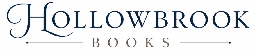 Hollowbrook Books logo with elegant serif lettering, large ornate H and decorative horizontal lines with small diamond shapes on either side