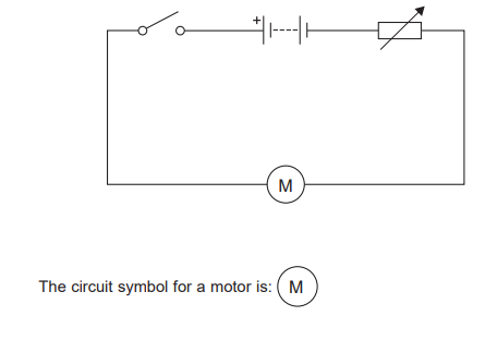 Simple circuit diagram with switch, battery, variable resistor and motor labelled M; below, text states the circuit symbol for a motor is the letter M in a circle