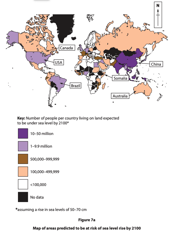 World map shaded to show population at risk from land falling below sea level by 2100, highlighting heavily impacted Asian and African coastal countries.