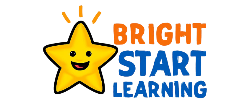 Bright Start Learning logo with a smiling yellow star and orange and blue playful text on a white background