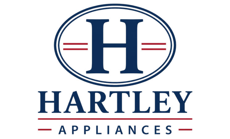 Hartley Appliances logo featuring a large blue letter H in an oval with red stripes, above the company name in blue text with red lines underneath