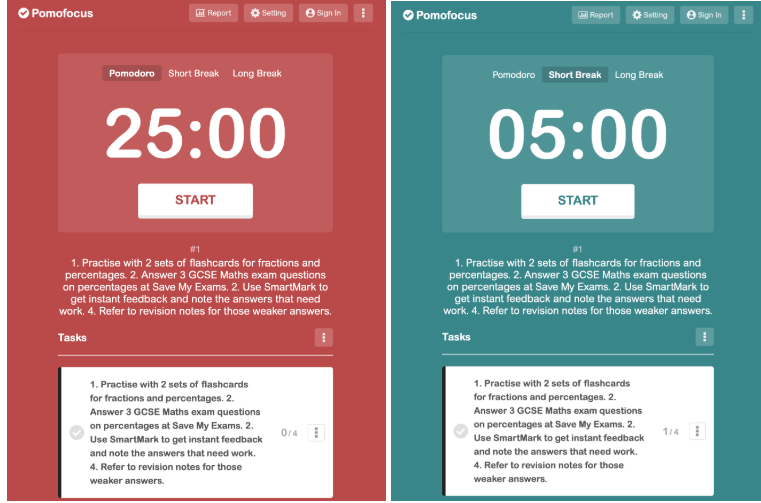 Pomofocus timer interface showing a 25‑minute work session and a 5‑minute short break, each with START button, study task list and control icons
