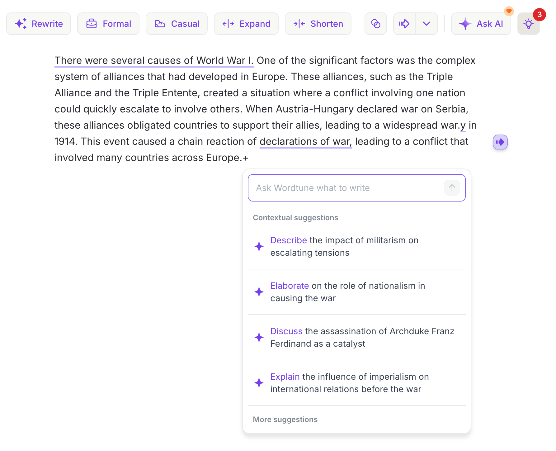 Screenshot of a Wordtune editor showing a paragraph on causes of World War I with contextual AI writing suggestions listed in a purple popup panel