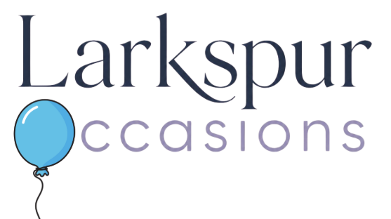 Logo for “Larkspur Occasions” with elegant dark text, light purple letters for “occasions”, and a small blue party balloon hanging from the first O