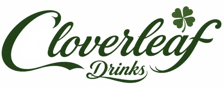 Cloverleaf Drinks logo in dark green cursive lettering with a small four-leaf clover above the word “Cloverleaf”