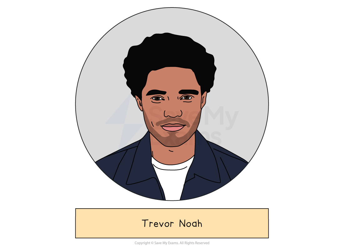 Cartoon portrait of a young man with curly hair in a navy jacket and white top, framed in a circle above a beige name label reading “Trevor Noah”.