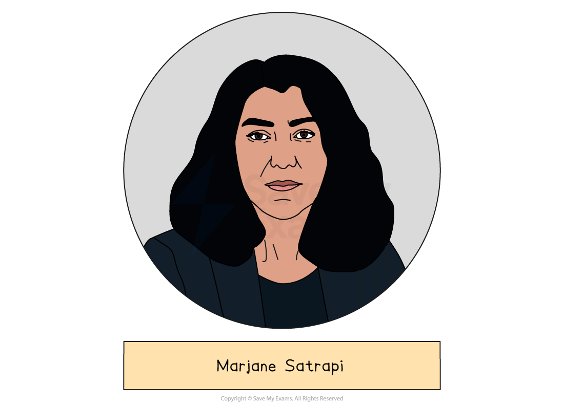 Cartoon-style portrait of a woman with long dark hair and serious expression, on a grey circle background, labelled “Marjane Satrapi” below.