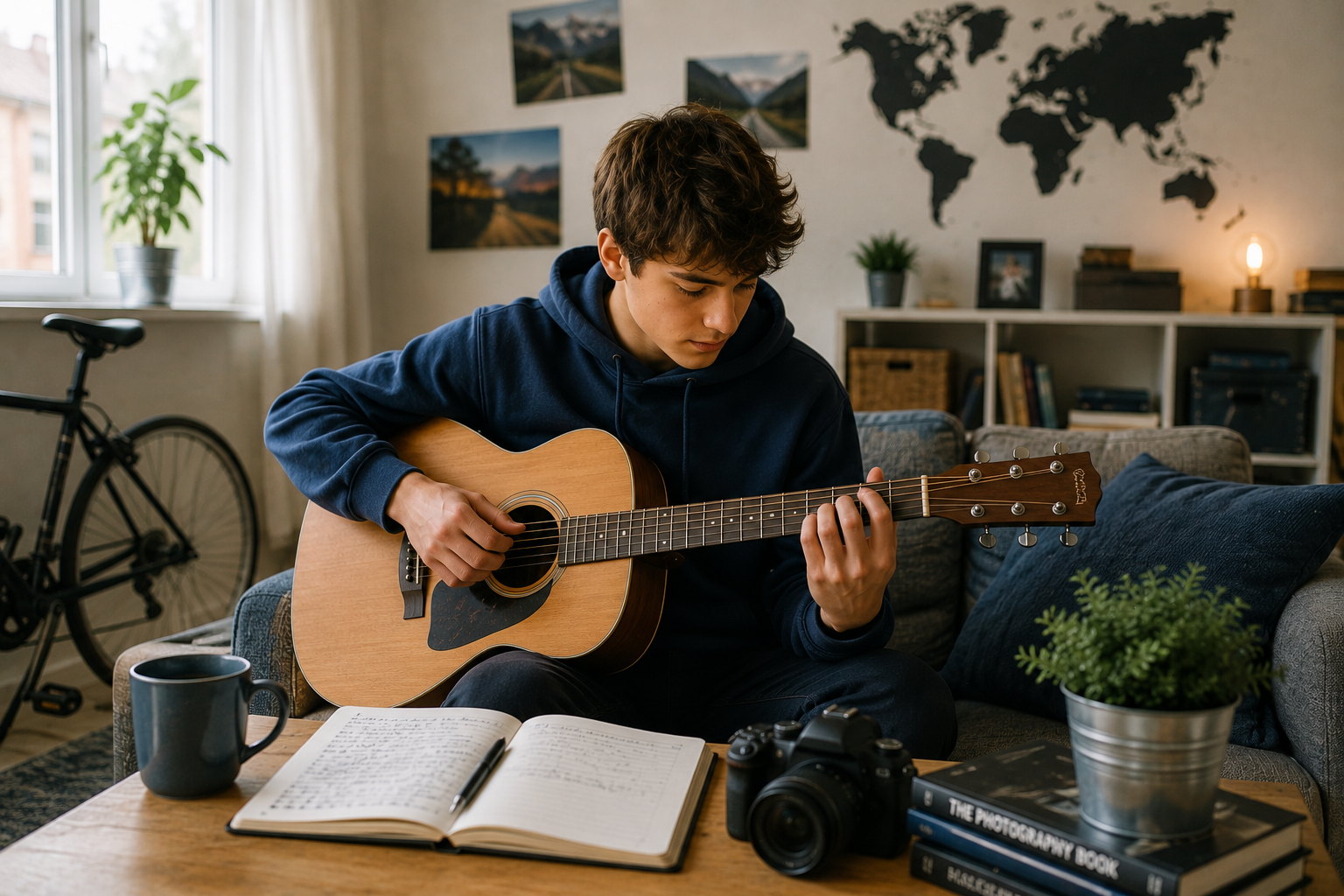 A boy in a navy hoodie sits on a sofa playing an acoustic guitar. The room contains a world map, bicycle and travel photographs; an open notebook, camera and mug are on the table.
