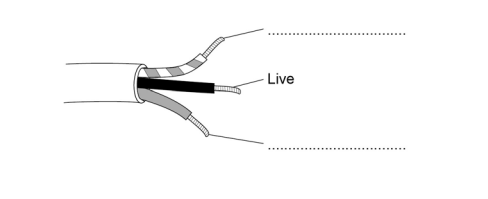 shows a three-core electrical cable with three wires visible. The middle wire is labelled Live. The top wire and bottom wire have blank label lines pointing to them.