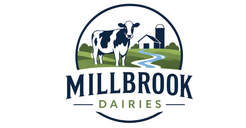 Millbrook Dairies logo showing a black and white cow by a winding brook, with a farm, barn and silo on green hills in the background