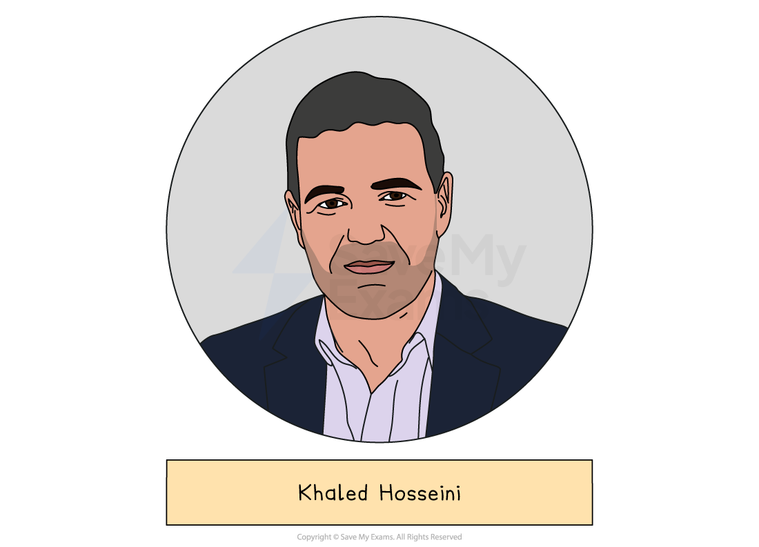 Cartoon portrait of a middle-aged man in a suit jacket and open-collared shirt, shown in a circular frame above a label reading “Khaled Hosseini”.