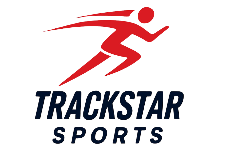 Trackstar Sports logo featuring a stylised red running figure with speed lines above bold navy text reading “TRACKSTAR SPORTS” on a white background