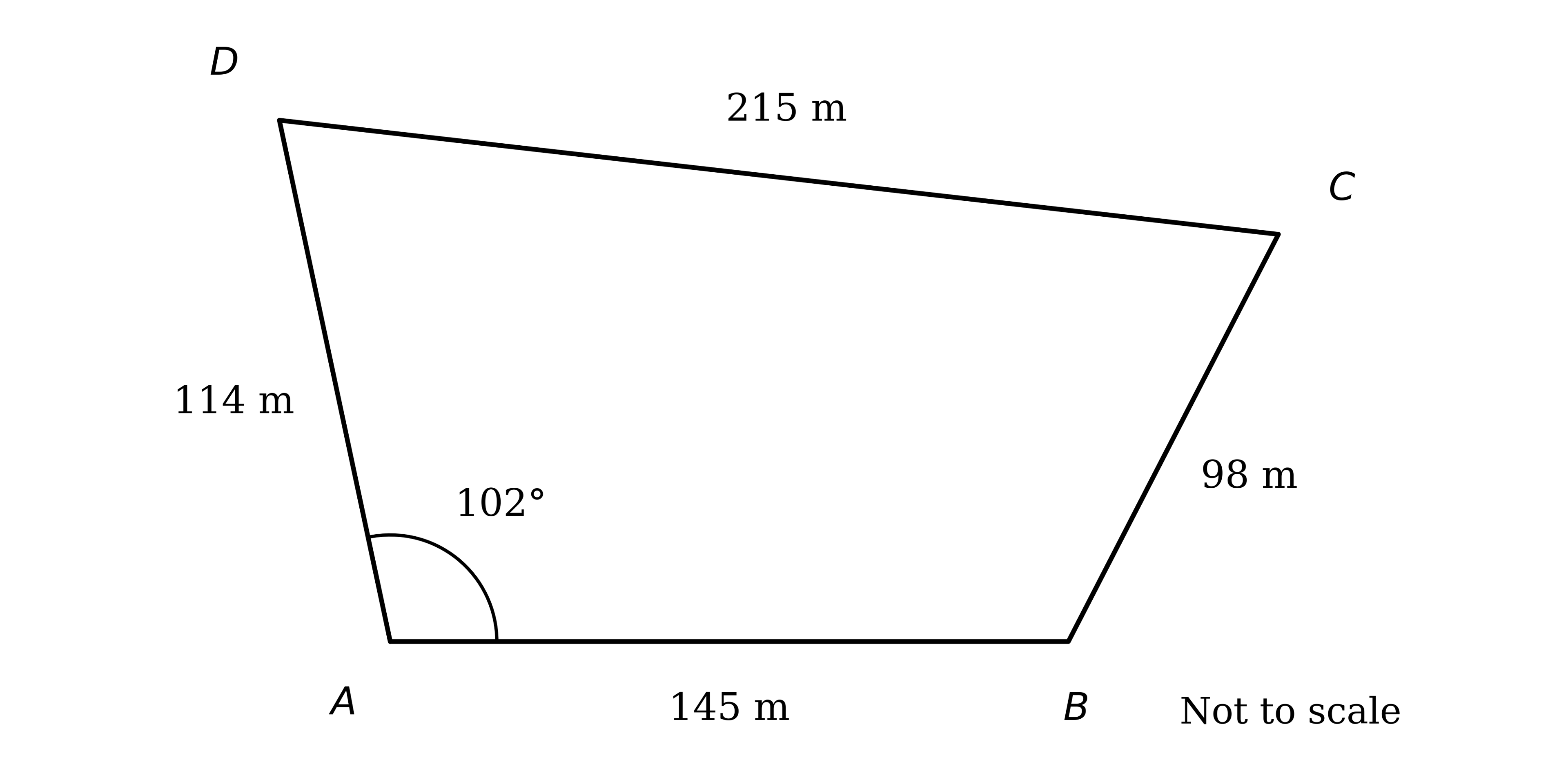 Quadrilateral field ABCD with AB = 145 m, BC = 98 m, CD = 215 m, DA = 114 m and angle DAB = 102°.