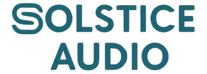 Solstice Audio logo with stylised teal text and an abstract S icon above the word Audio on a plain white background