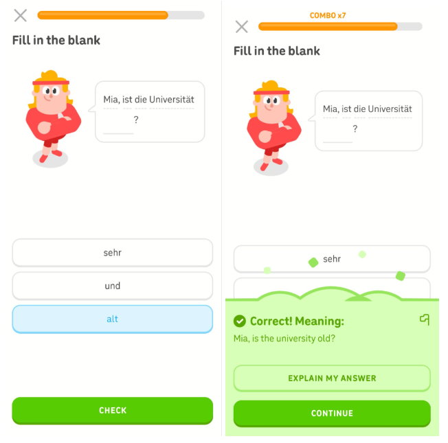 Language app screen showing German fill‑in‑the‑blank question about a university, answer choices, then a green panel confirming the correct translation.