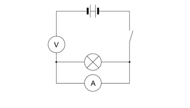 The circuit shows a cell and a switch in the main loop; the voltmeter is connected in series with the lamp, and the ammeter is connected in parallel across the lamp — i.e. the meters have been put in the wrong places.