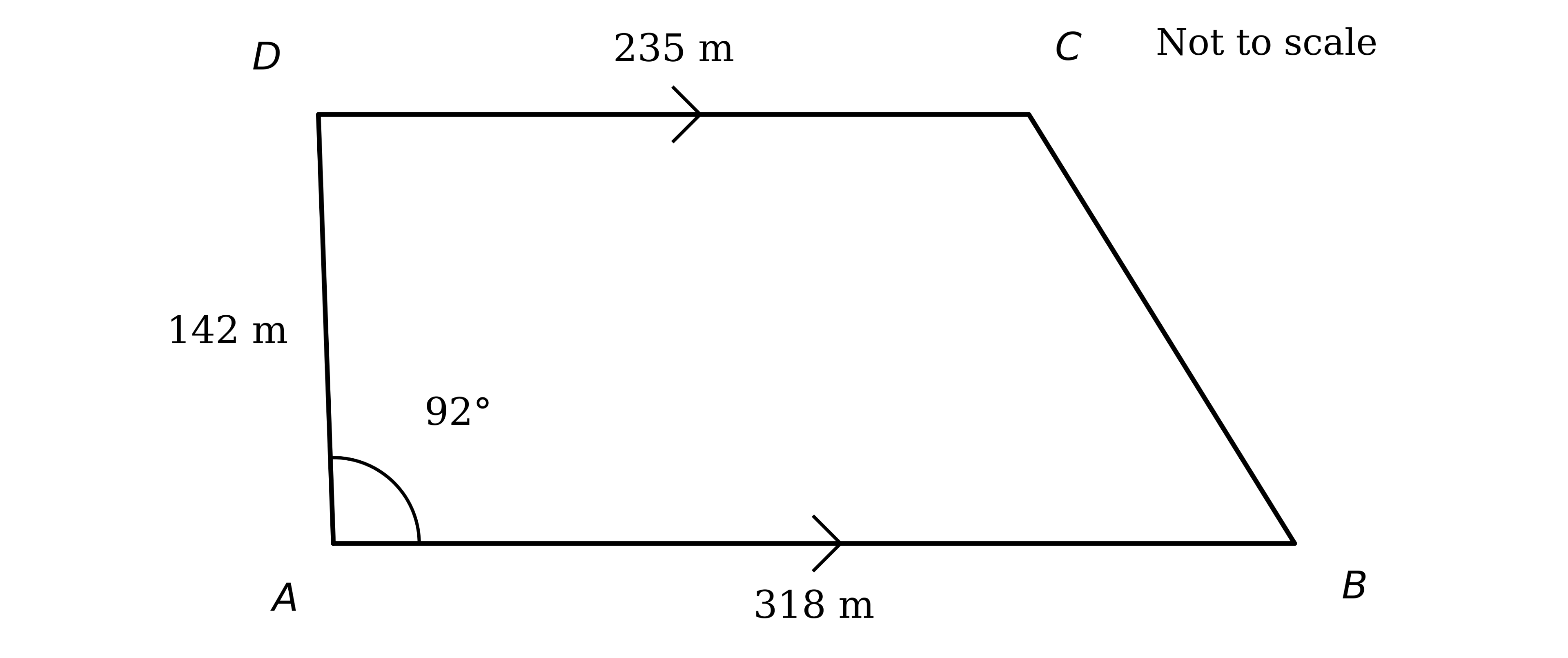Trapezium field ABCD with AB parallel to CD (same-direction arrows); AB = 318 m, CD = 235 m, AD = 142 m and angle DAB = 92°.