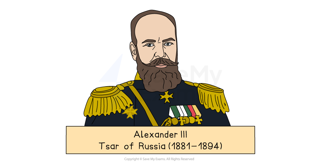 Illustration of Alexander III, Tsar of Russia (1881–1894), in a dark military uniform with gold epaulettes, medals and a large beard.