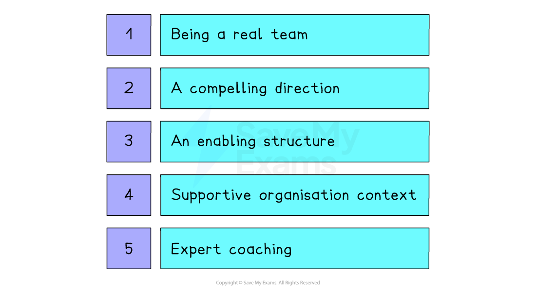 Infographic listing five team success factors: being a real team, a compelling direction, an enabling structure, supportive organisation context, and expert coaching