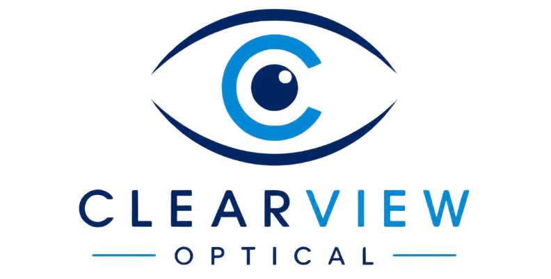 ClearView Optical logo featuring a stylised blue eye above the brand name in blue capital letters with a modern, clean design