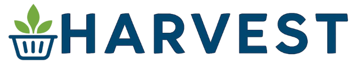 HARVEST logo with dark blue text and a green plant sprouting from a blue shopping basket on a white background