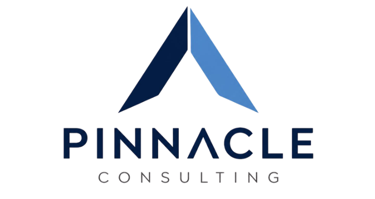 Pinnacle Consulting logo with two blue triangular peaks forming an abstract mountain above the company name in bold blue and grey capital letters