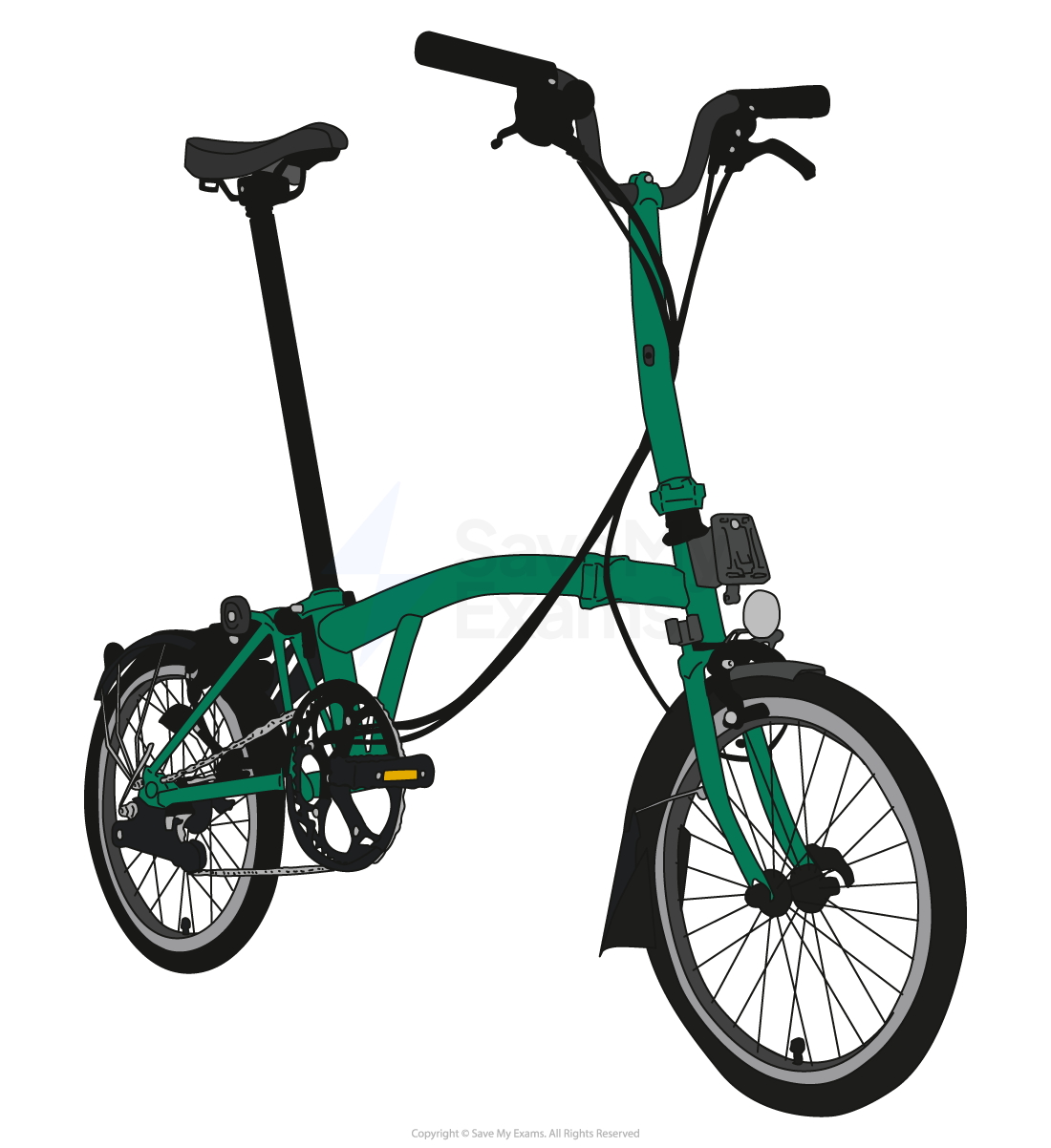 Illustration of a green folding bicycle with small wheels, high seat post, upright handlebars and mudguards, shown against a plain white background