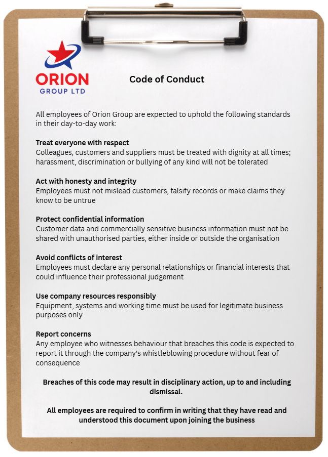Clipboard displaying Orion Group Ltd Code of Conduct document outlining respect, honesty, confidentiality, conflict of interest, resource use and reporting concerns