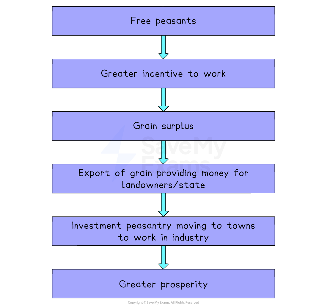 Flowchart showing free peasants leading to greater work incentive, grain surplus, grain export funding industry, peasants moving to towns and overall prosperity