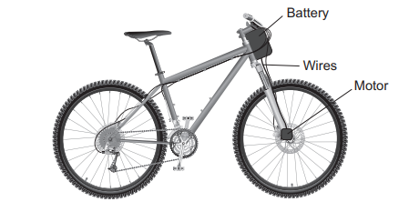 Diagram of an electric bicycle showing labelled battery on the frame bag, wires along the frame, and motor on the rear wheel hub