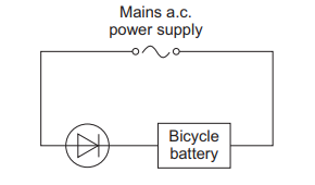 Circuit diagram showing a mains a.c. power supply charging a bicycle battery through a single diode in series.