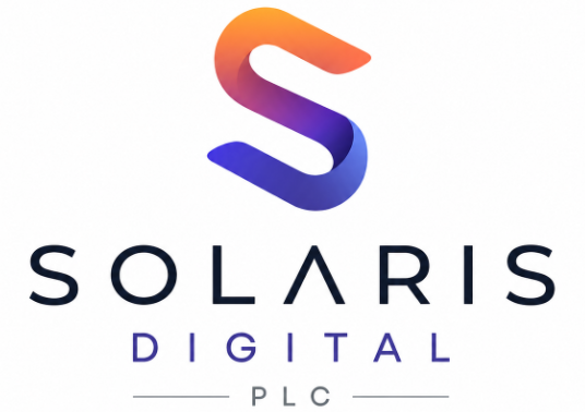 Solaris Digital PLC logo with a gradient S icon in orange, pink and blue above modern dark text and thin horizontal lines