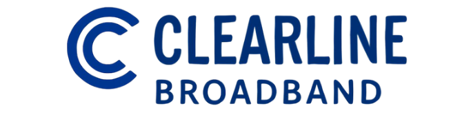 Clearline Broadband logo with stylised blue letter C formed by curved lines and the company name in bold blue capital letters on a white background