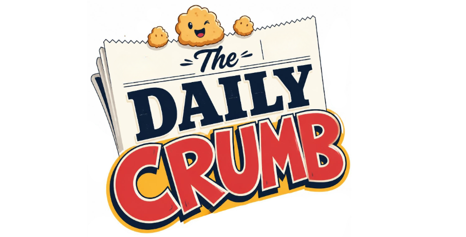 Logo reading “The Daily Crumb” on a stylised newspaper with smiling biscuit crumbs on top, using bold navy and red lettering on a white background