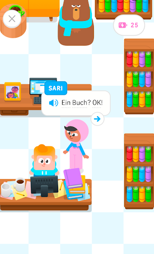 Colourful cartoon library game scene with a girl asking for a book in German beside a boy at a computer, surrounded by bookshelves and a bear librarian
