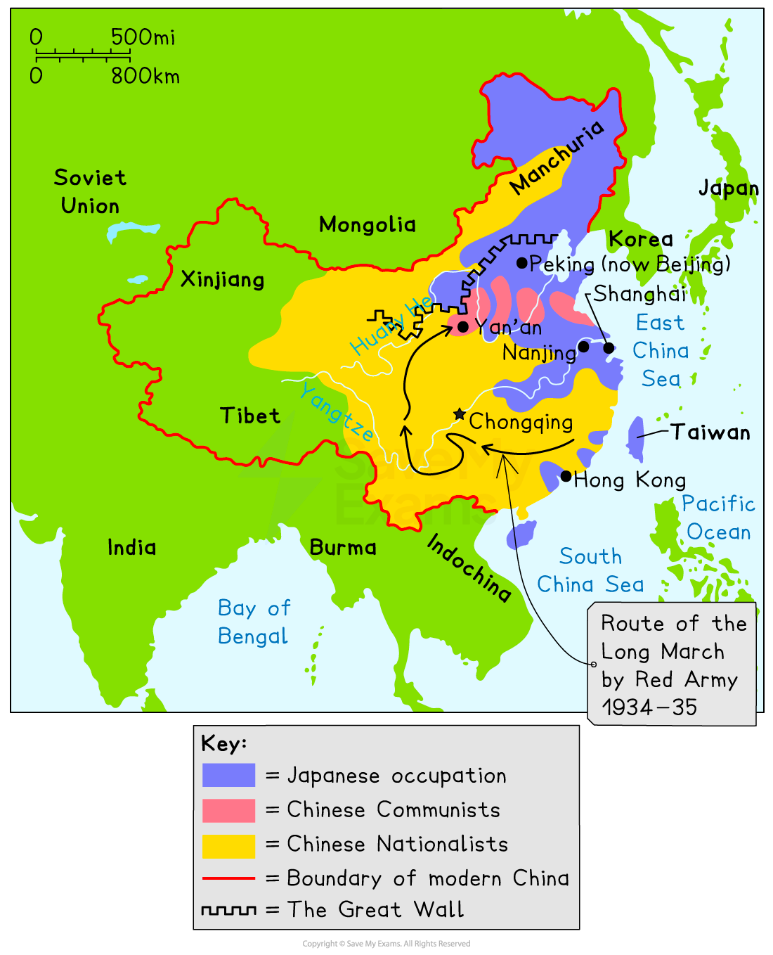 Colour map of China in the 1930s showing Japanese occupation, Communist and Nationalist areas, the Red Army Long March route, and nearby countries.