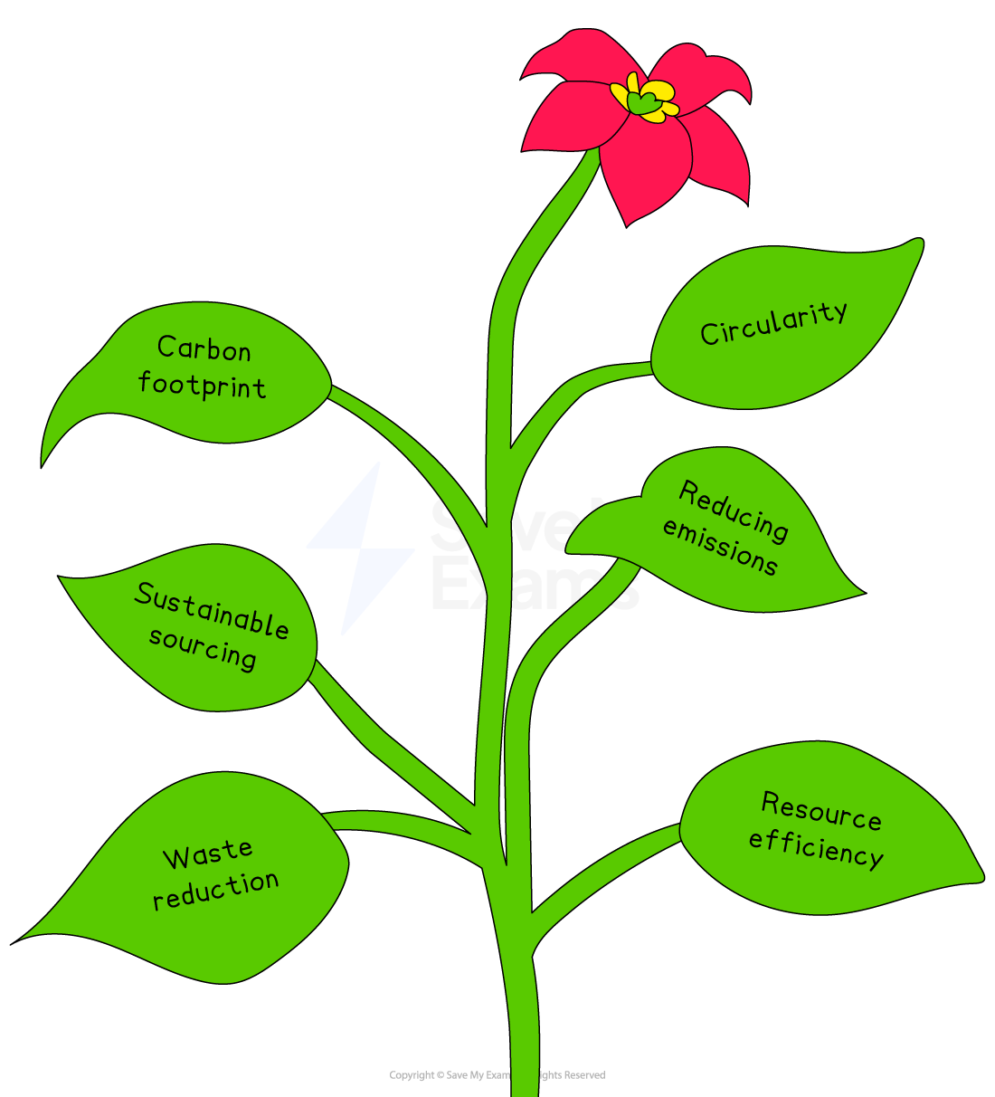 Green plant graphic with each leaf labelled: Circularity, Reducing emissions, Resource efficiency, Carbon footprint, Sustainable sourcing and Waste reduction